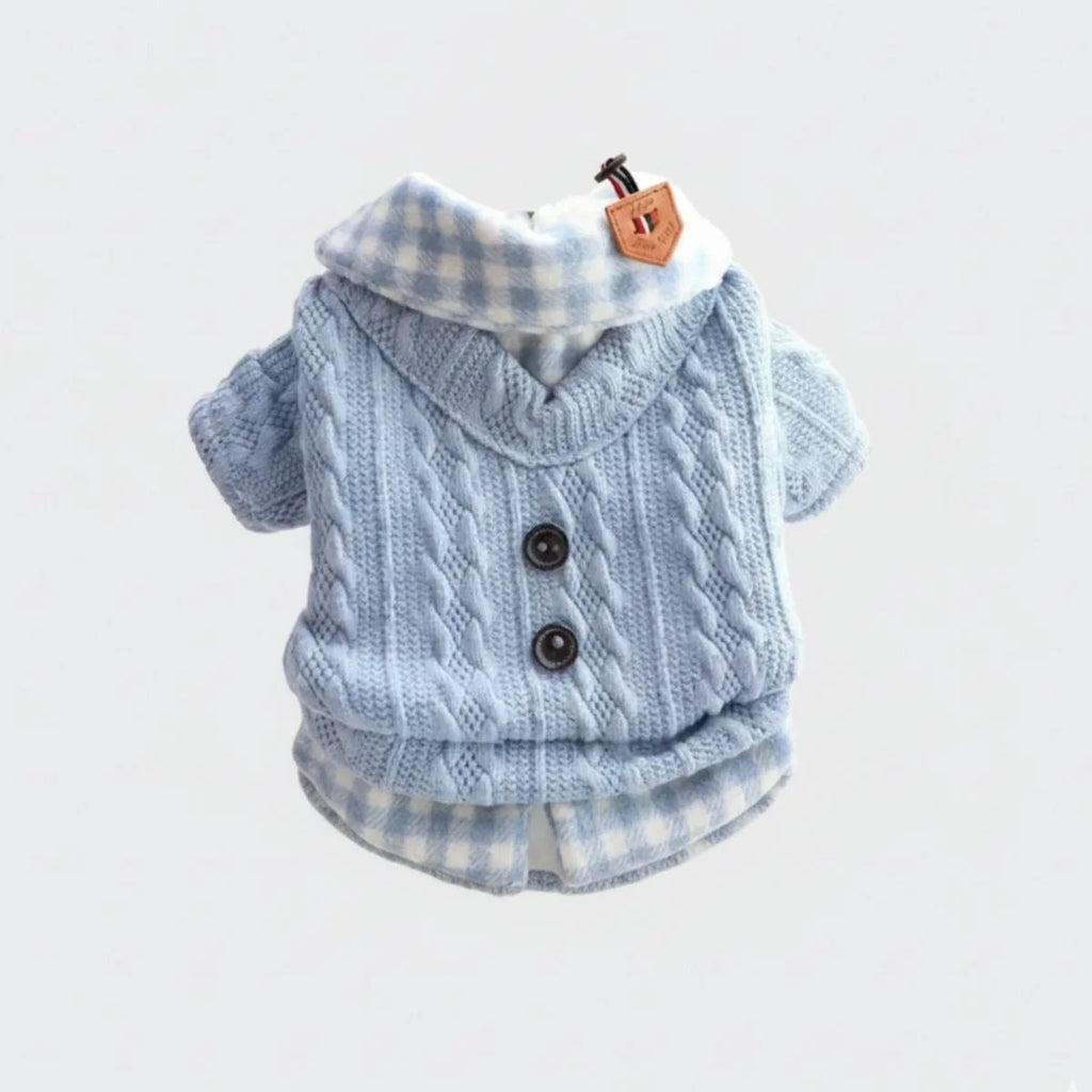 Cozy Knitted Dog Sweater with Plaid Collar – Available in Pink & Blue