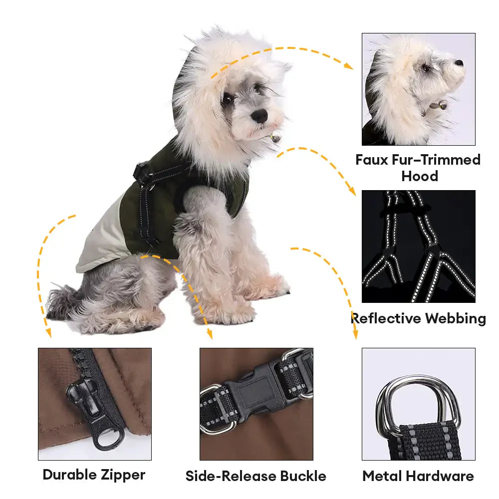 Fur-Trim Hooded Warm Dog Coat with Leash Buckle