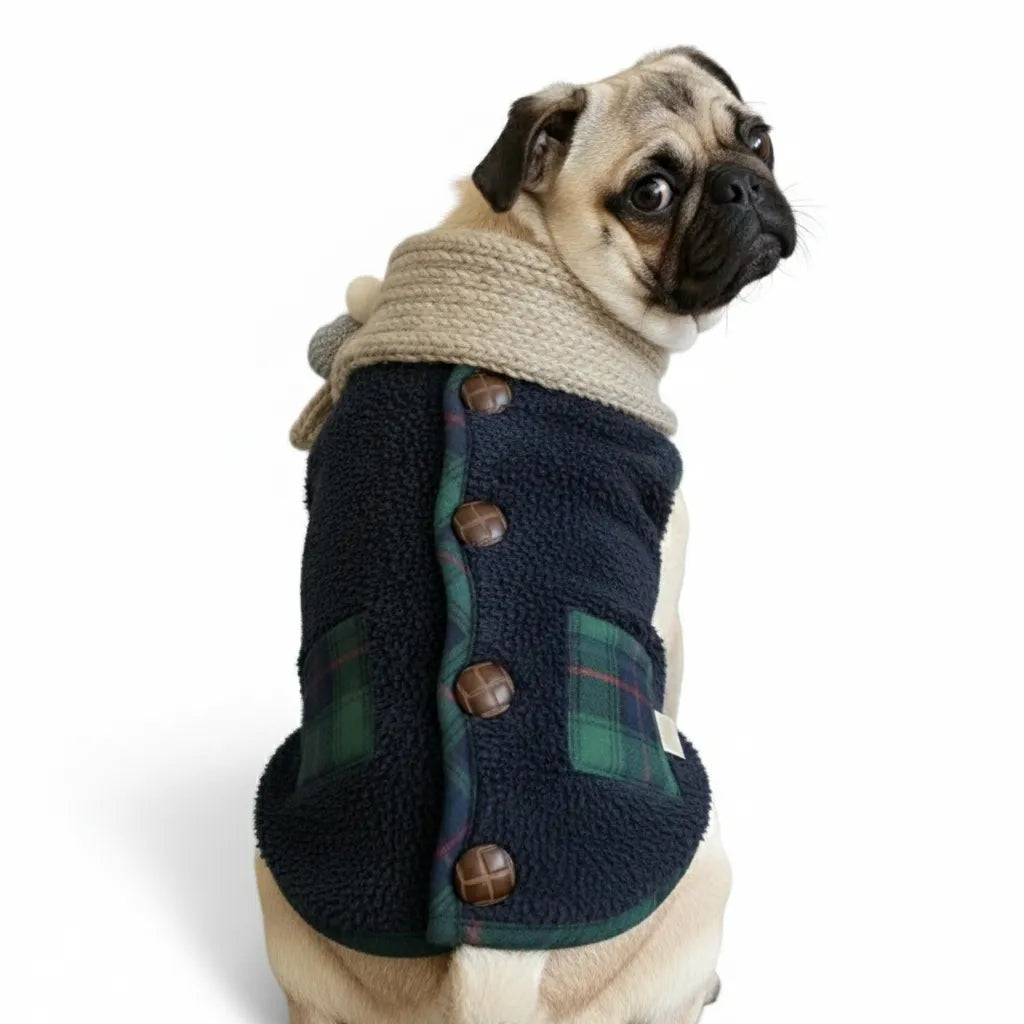 Plaid Winter Dog Jacket with Scarf – Festive and Cozy for the Holidays